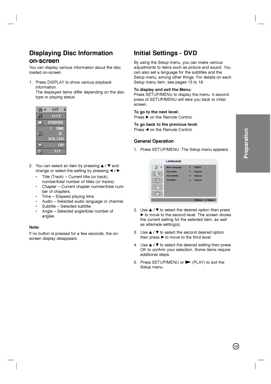 Porter-Cable DVP3340V/17 user manual Displaying Disc Information on-screen, Initial Settings DVD, General Operation 