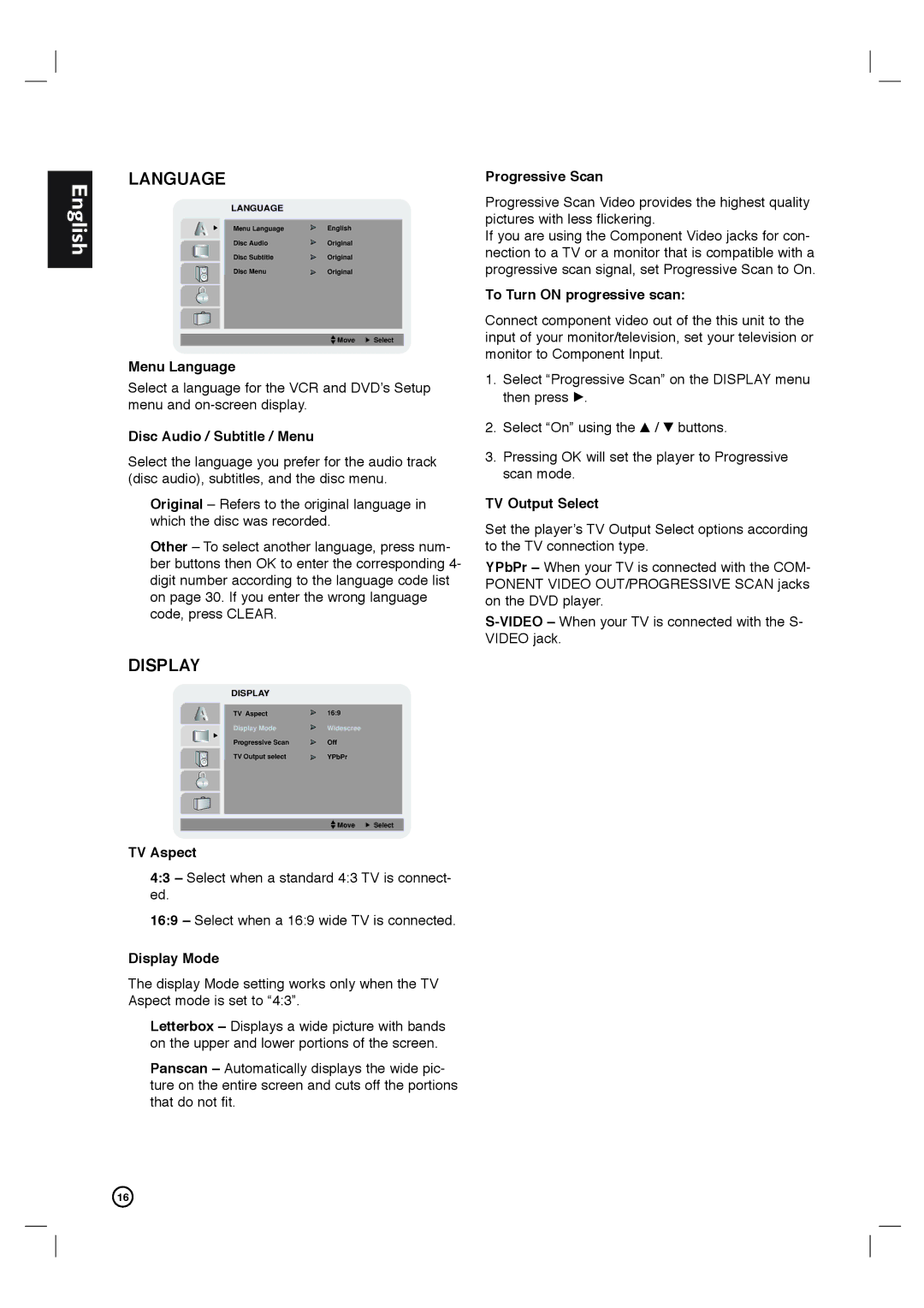 Porter-Cable DVP3340V/17 user manual Menu Language, Disc Audio / Subtitle / Menu, TV Aspect, Display Mode, Progressive Scan 