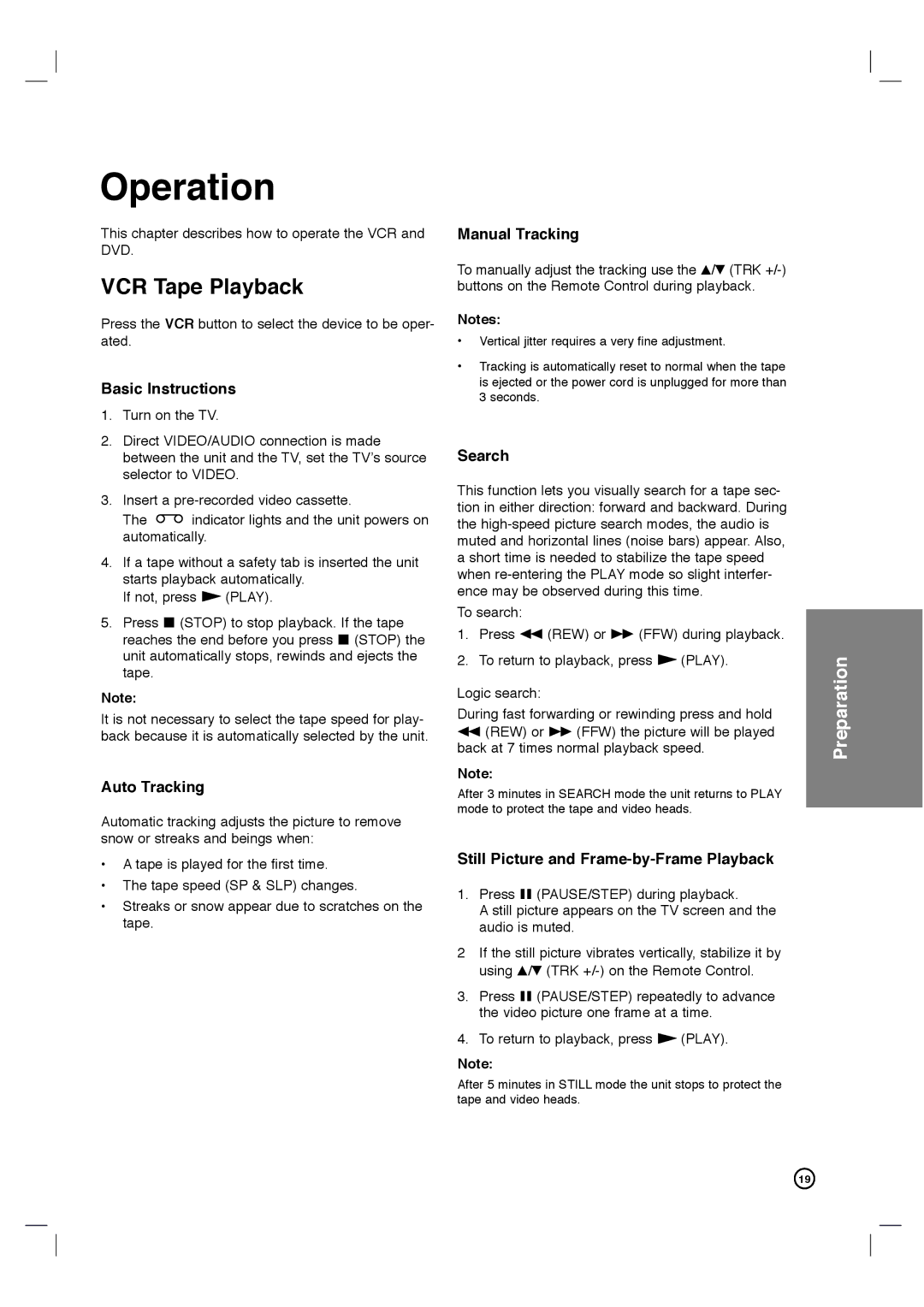 Porter-Cable DVP3340V/17 user manual Operation, VCR Tape Playback 