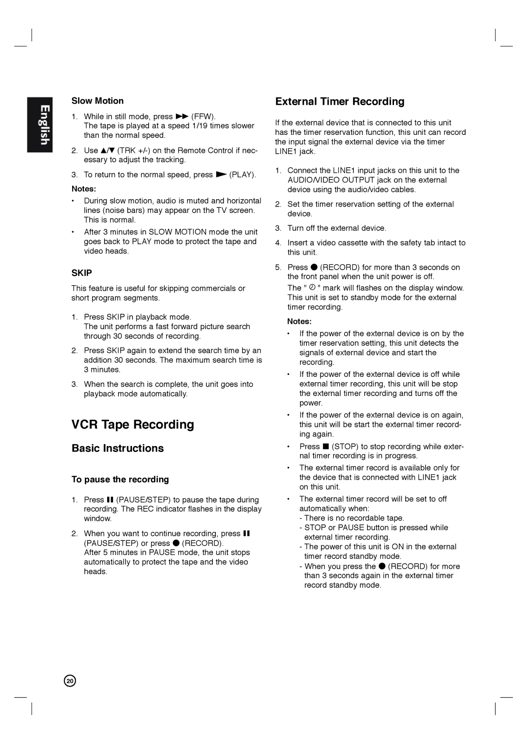 Porter-Cable DVP3340V/17 user manual VCR Tape Recording, Basic Instructions, External Timer Recording, Slow Motion 