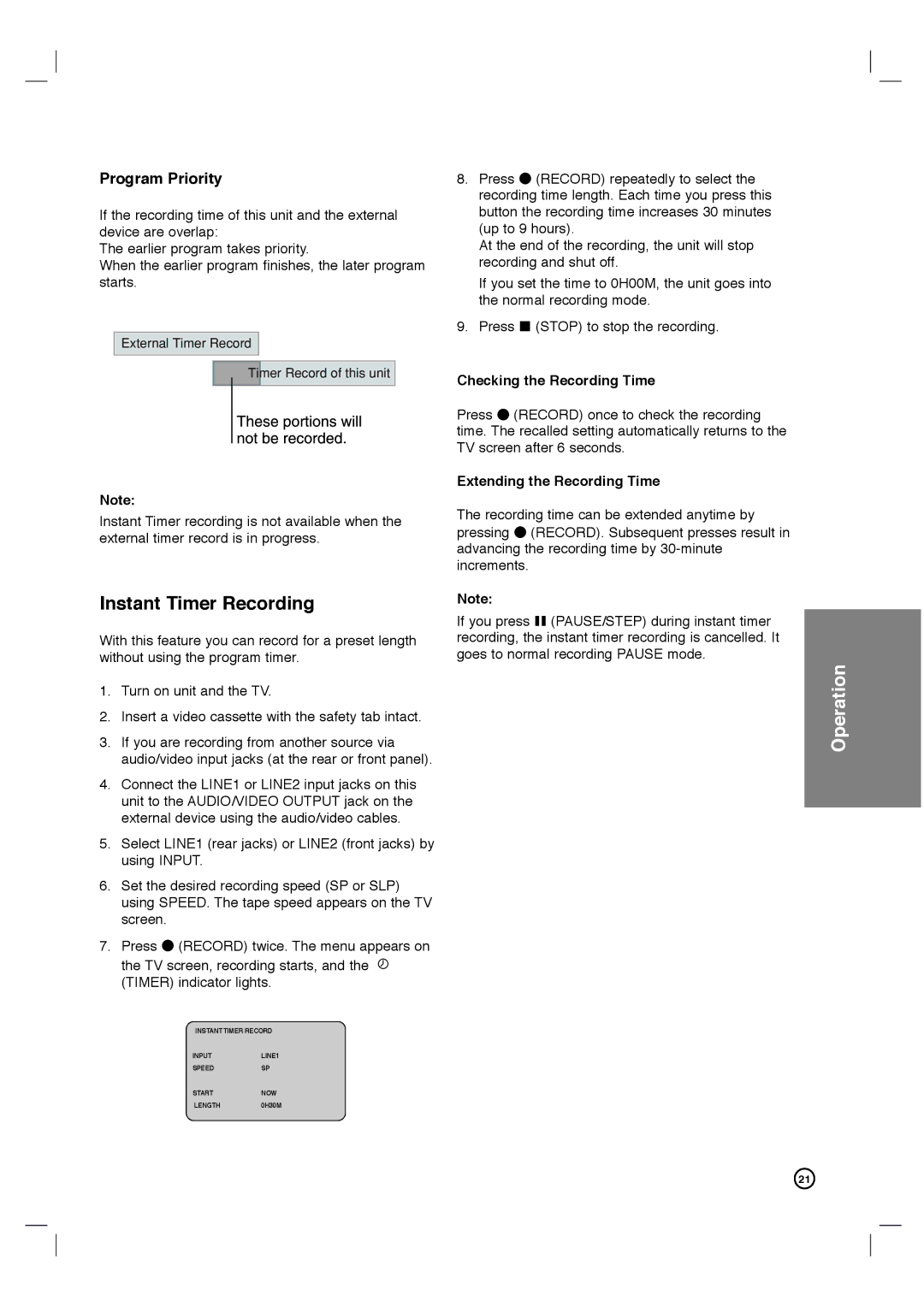 Porter-Cable DVP3340V/17 user manual Instant Timer Recording, Checking the Recording Time, Extending the Recording Time 