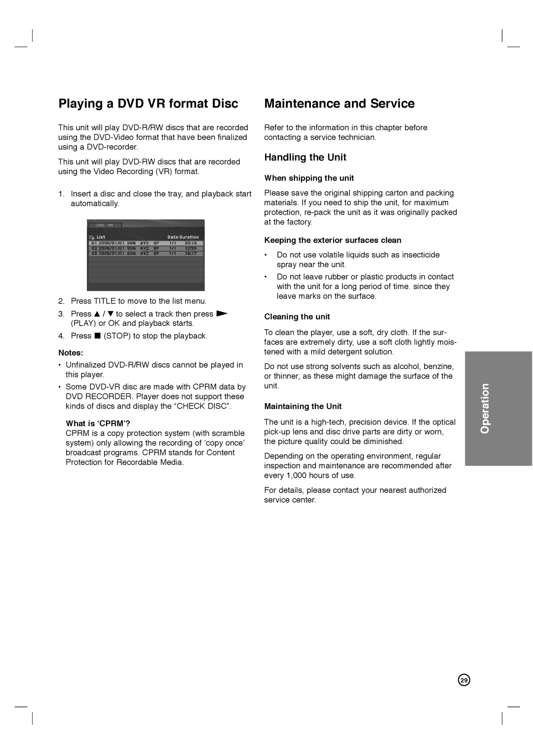 Porter-Cable DVP3340V/17 user manual Playing a DVD VR format Disc, Maintenance and Service 