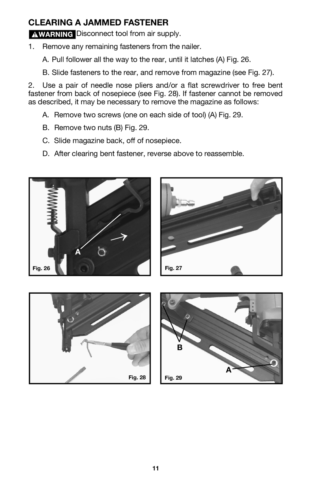 Porter-Cable FC350 instruction manual Clearing a Jammed Fastener 