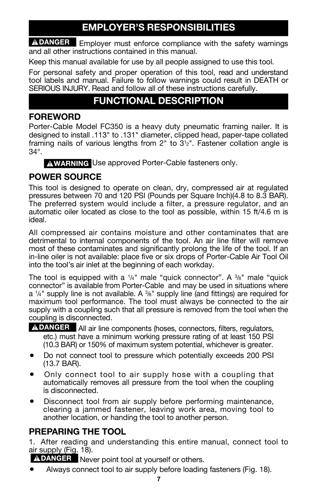 Porter-Cable FC350 EMPLOYER’S Responsibilities, Functional Description, Foreword, Power Source, Preparing the Tool 