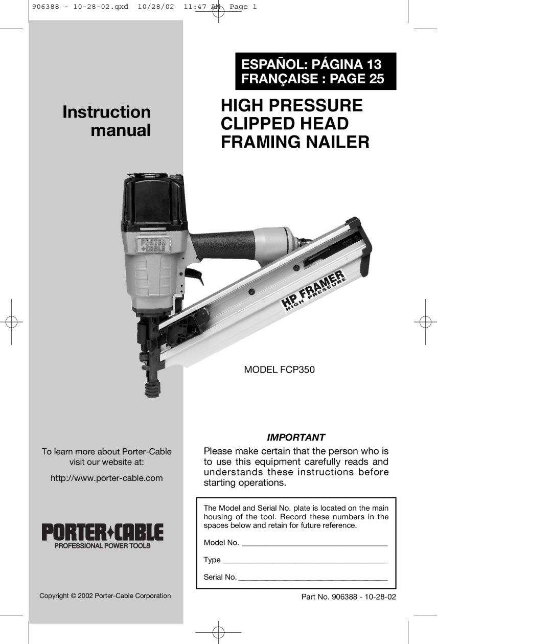 Porter-Cable FCP350 instruction manual High Pressure 