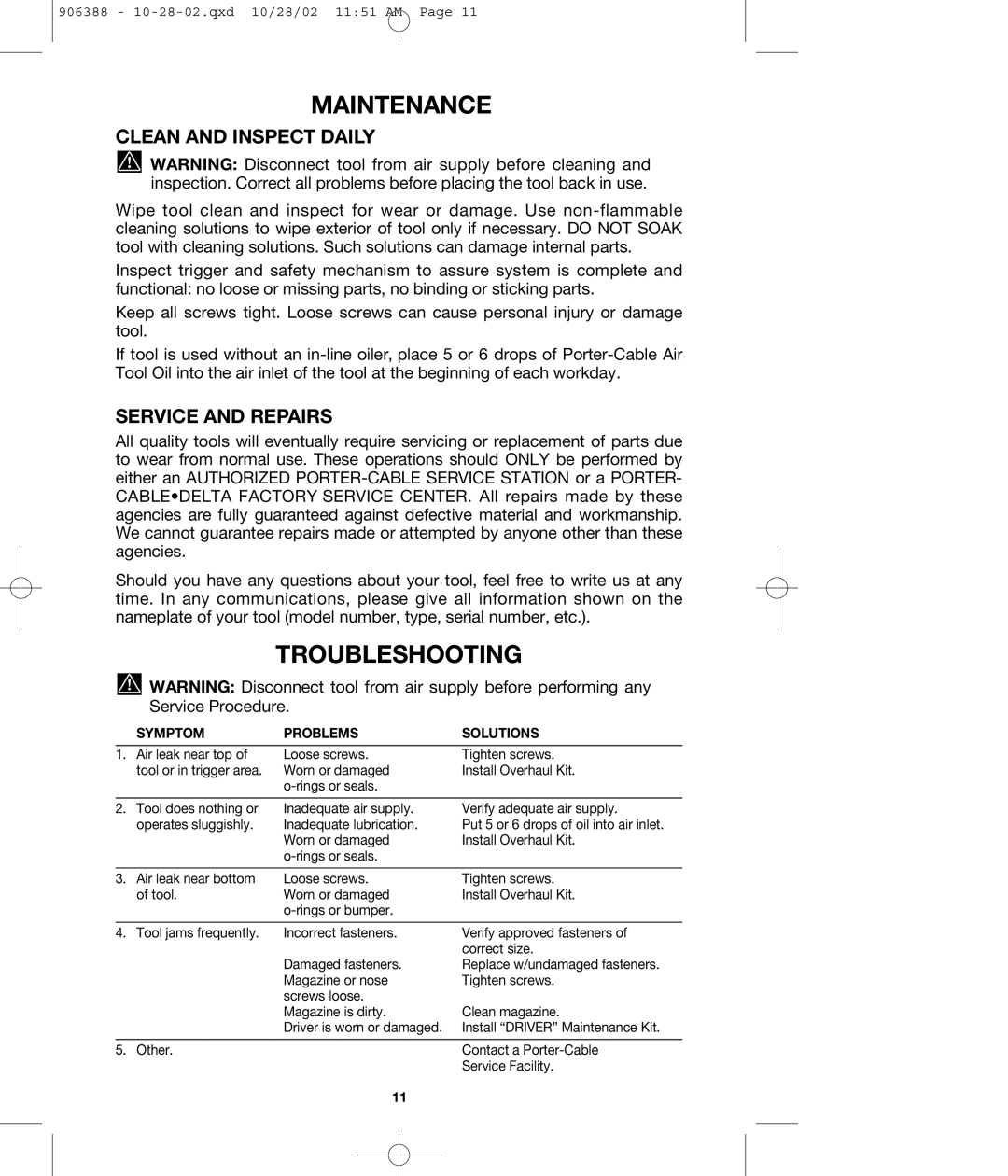 Porter-Cable FCP350 instruction manual Maintenance, Troubleshooting, Clean and Inspect Daily, Service and Repairs 