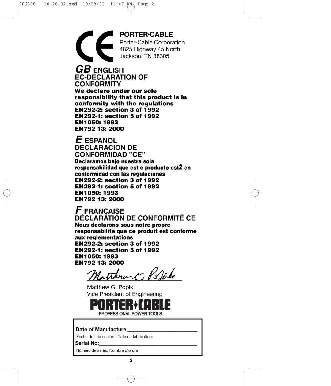 Porter-Cable FCP350 instruction manual Portercable 