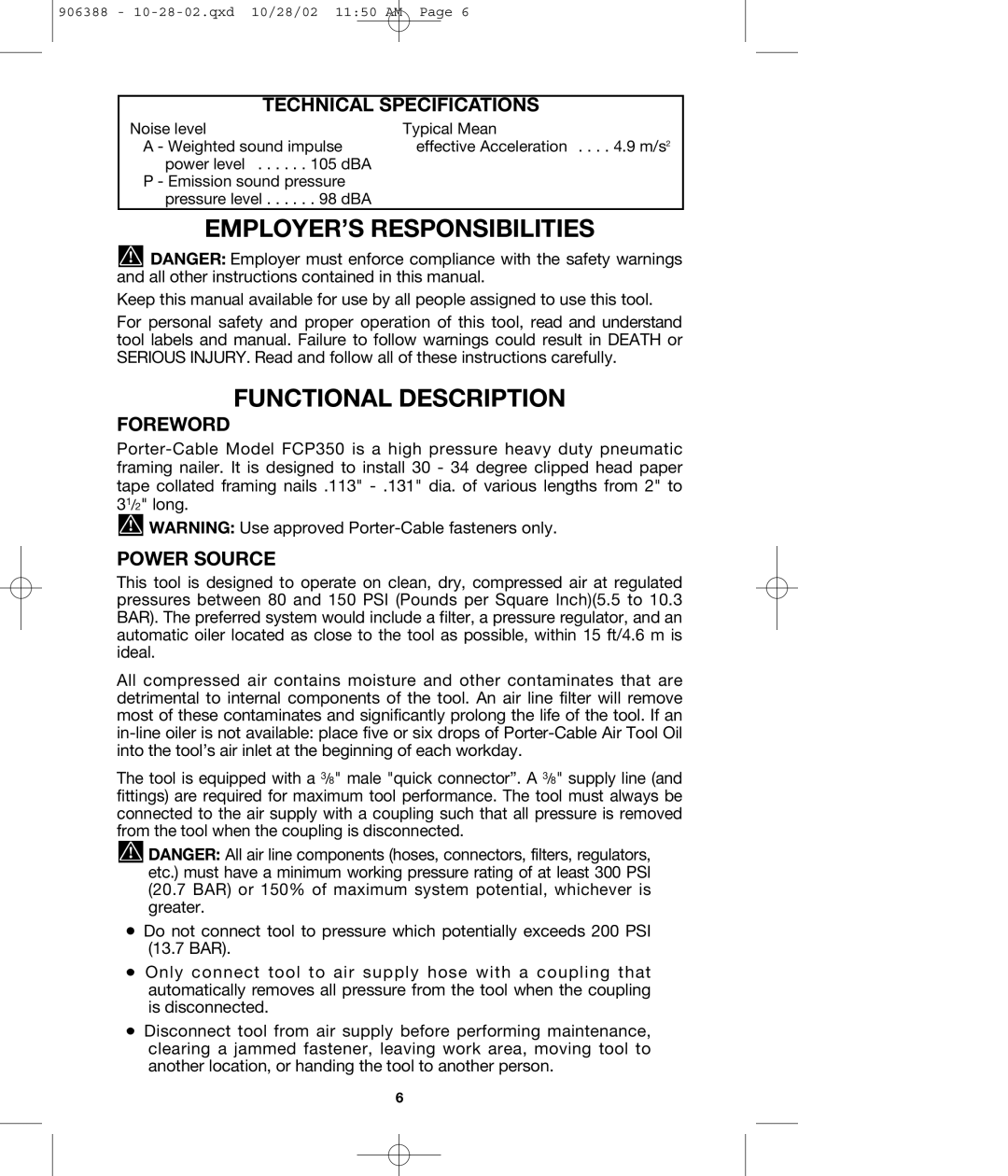 Porter-Cable FCP350 EMPLOYER’S Responsibilities, Functional Description, Technical Specifications, Foreword, Power Source 