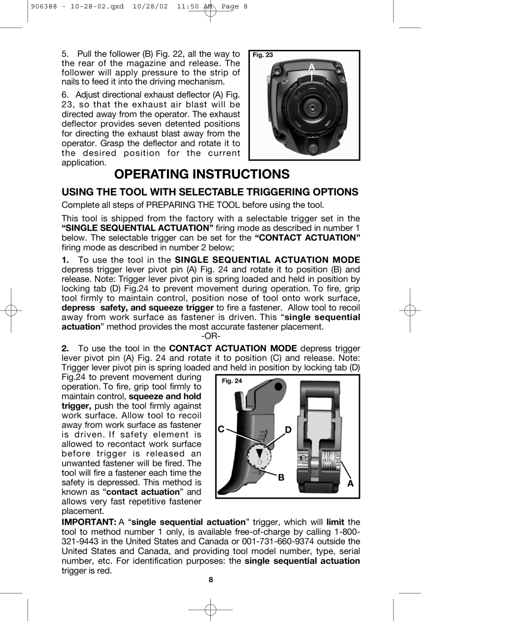 Porter-Cable FCP350 instruction manual Operating Instructions, Using the Tool with Selectable Triggering Options 