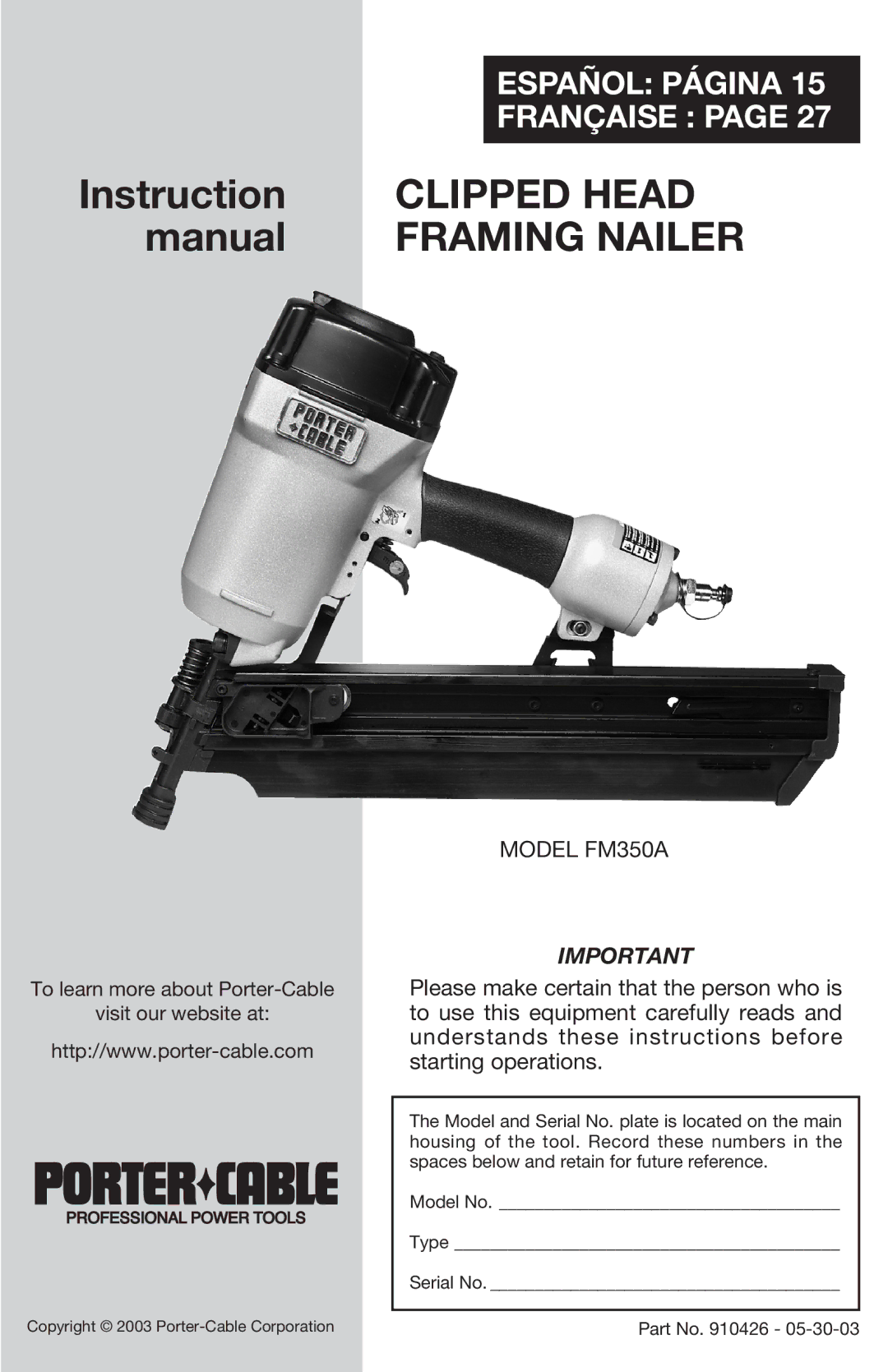 Porter-Cable FM350A instruction manual Clipped Head 