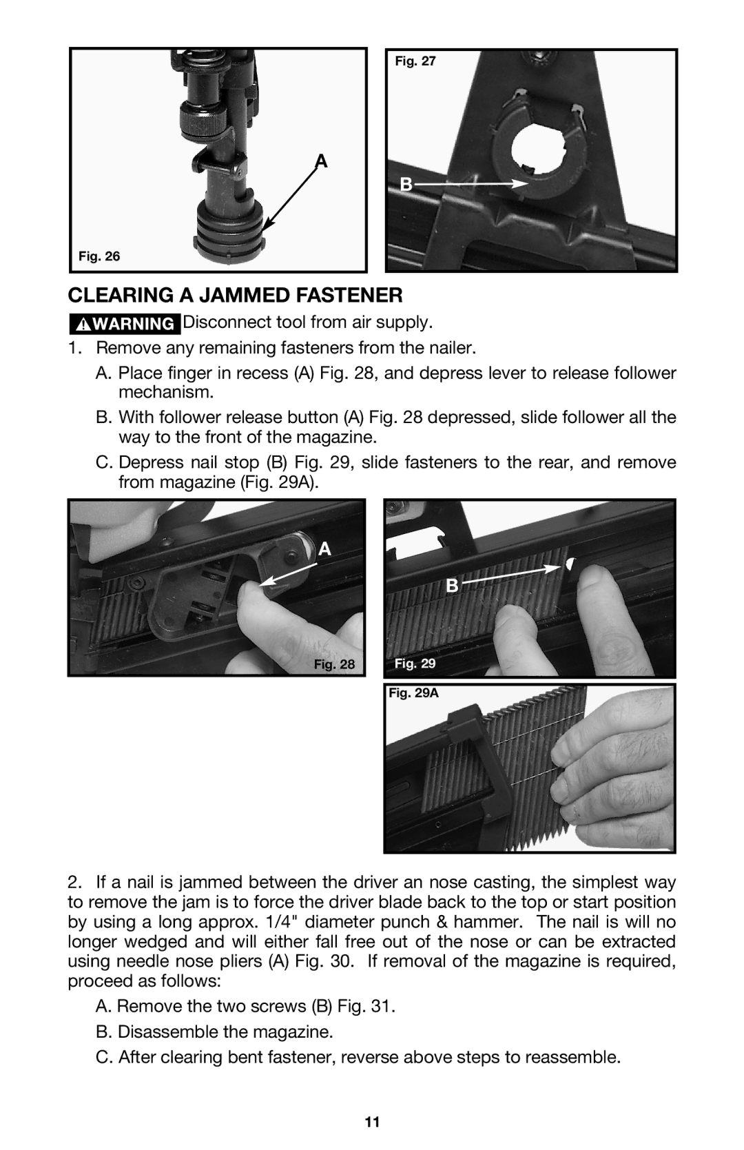 Porter-Cable FM350A instruction manual Clearing a Jammed Fastener 