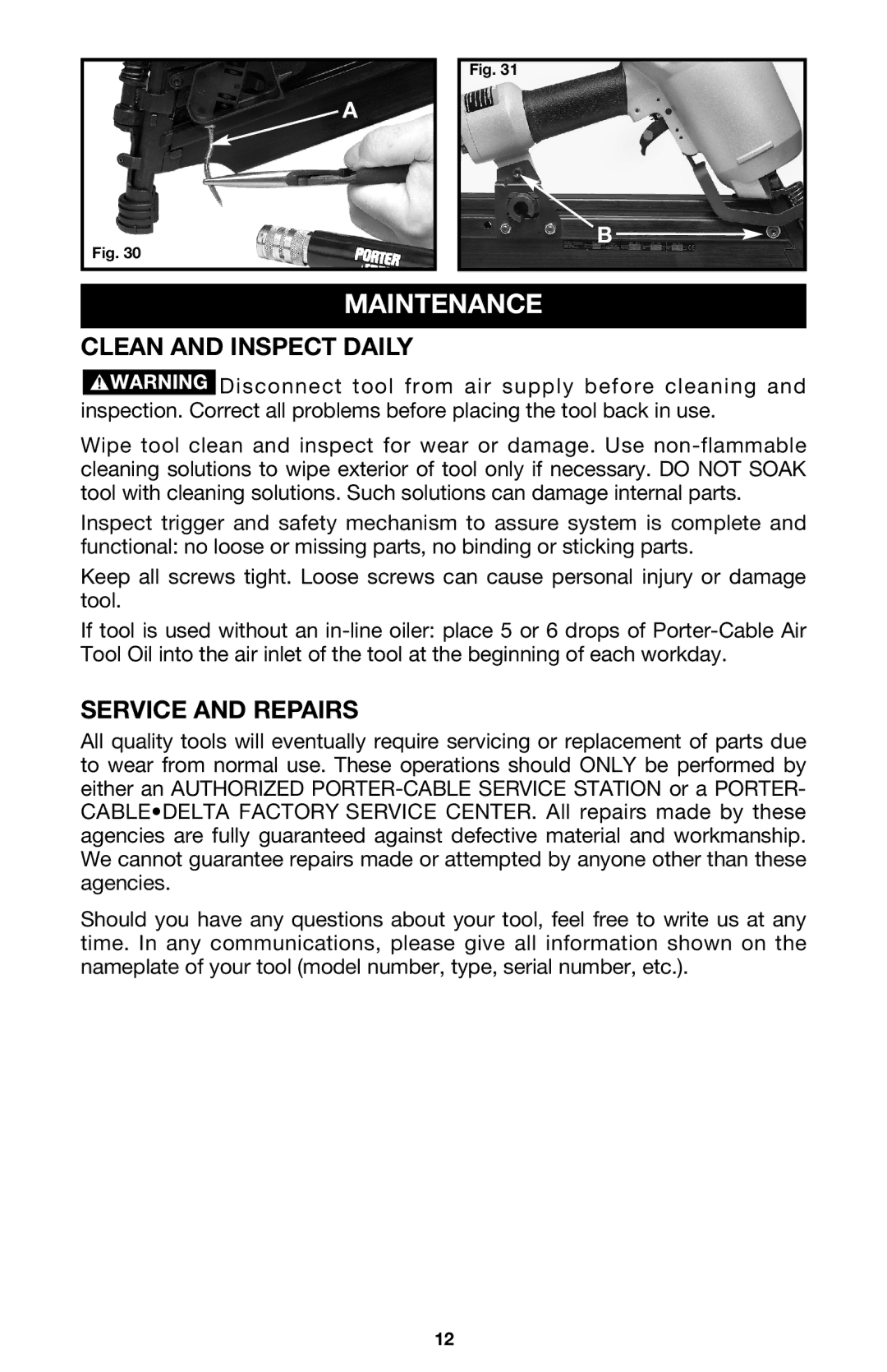 Porter-Cable FM350A instruction manual Maintenance, Clean and Inspect Daily, Service and Repairs 