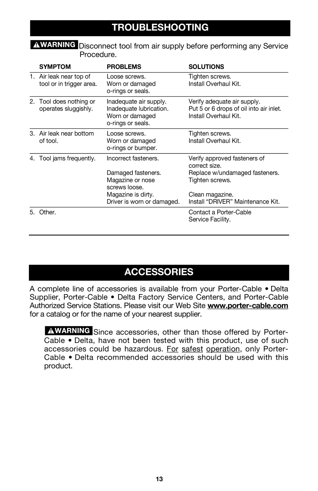 Porter-Cable FM350A instruction manual Troubleshooting, Accessories 