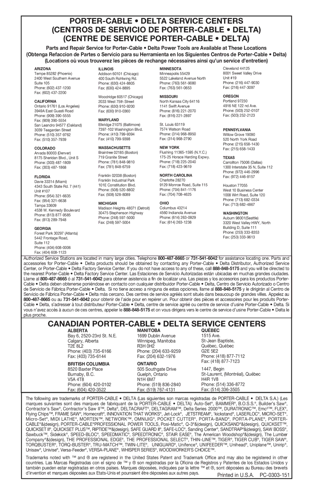 Porter-Cable FM350A instruction manual Canadian PORTER-CABLE Delta Service Centers 