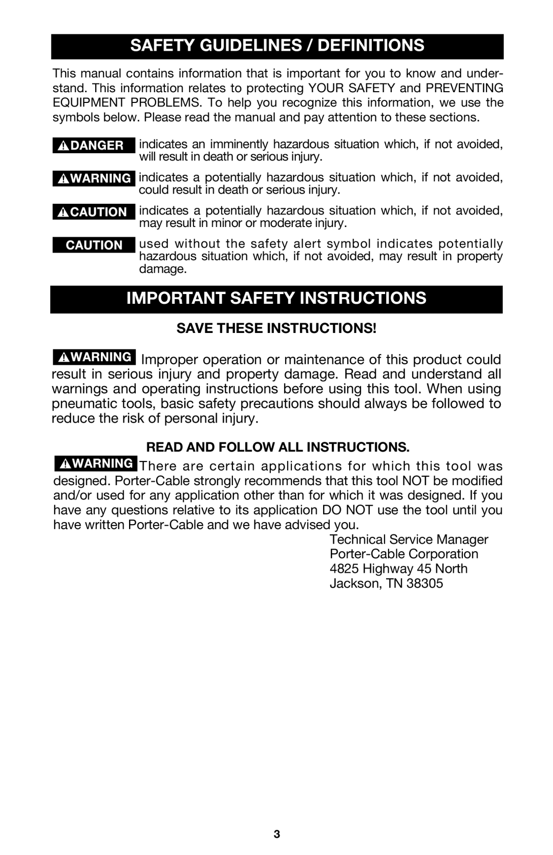 Porter-Cable FM350A instruction manual Safety Guidelines / Definitions, Important Safety Instructions 