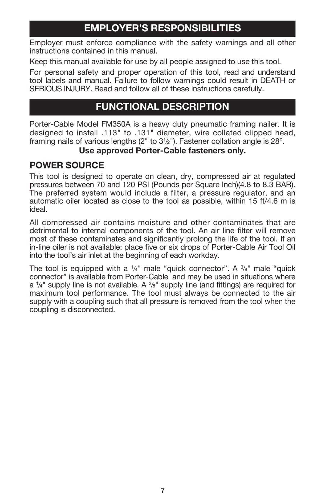 Porter-Cable FM350A instruction manual EMPLOYER’S Responsibilities, Functional Description, Power Source 