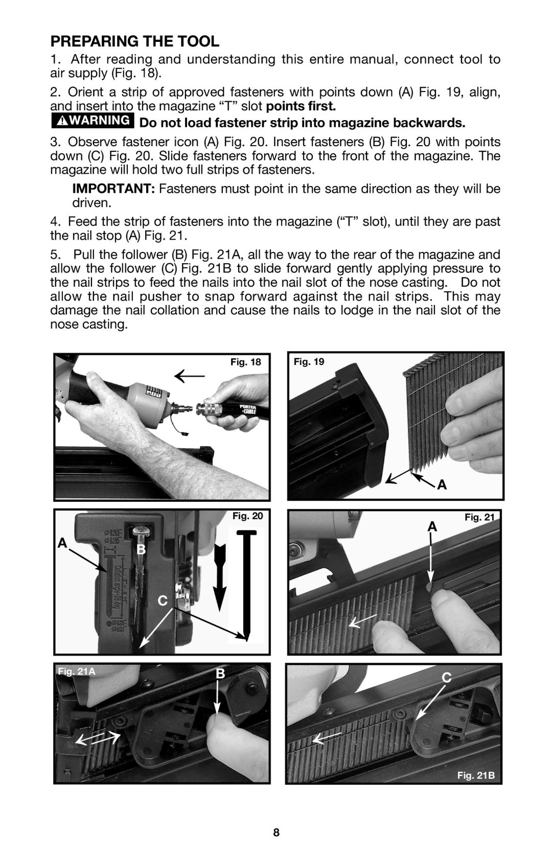 Porter-Cable FM350A instruction manual Preparing the Tool, Do not load fastener strip into magazine backwards 