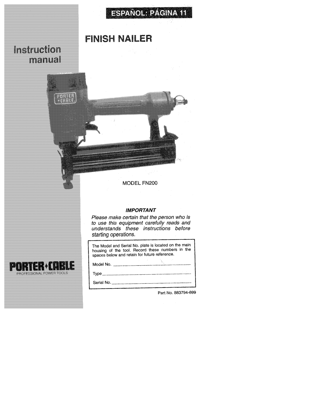 Porter-Cable 883794-699, FN200 manual 