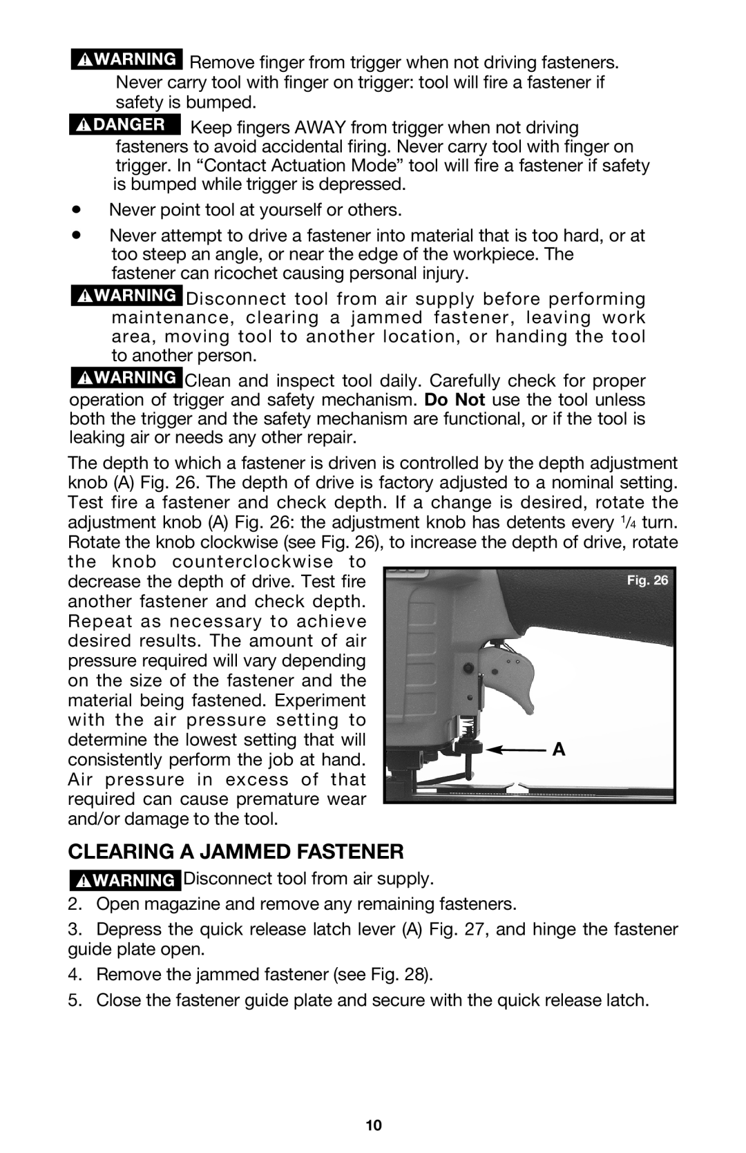 Porter-Cable FN250A instruction manual Clearing a Jammed Fastener 