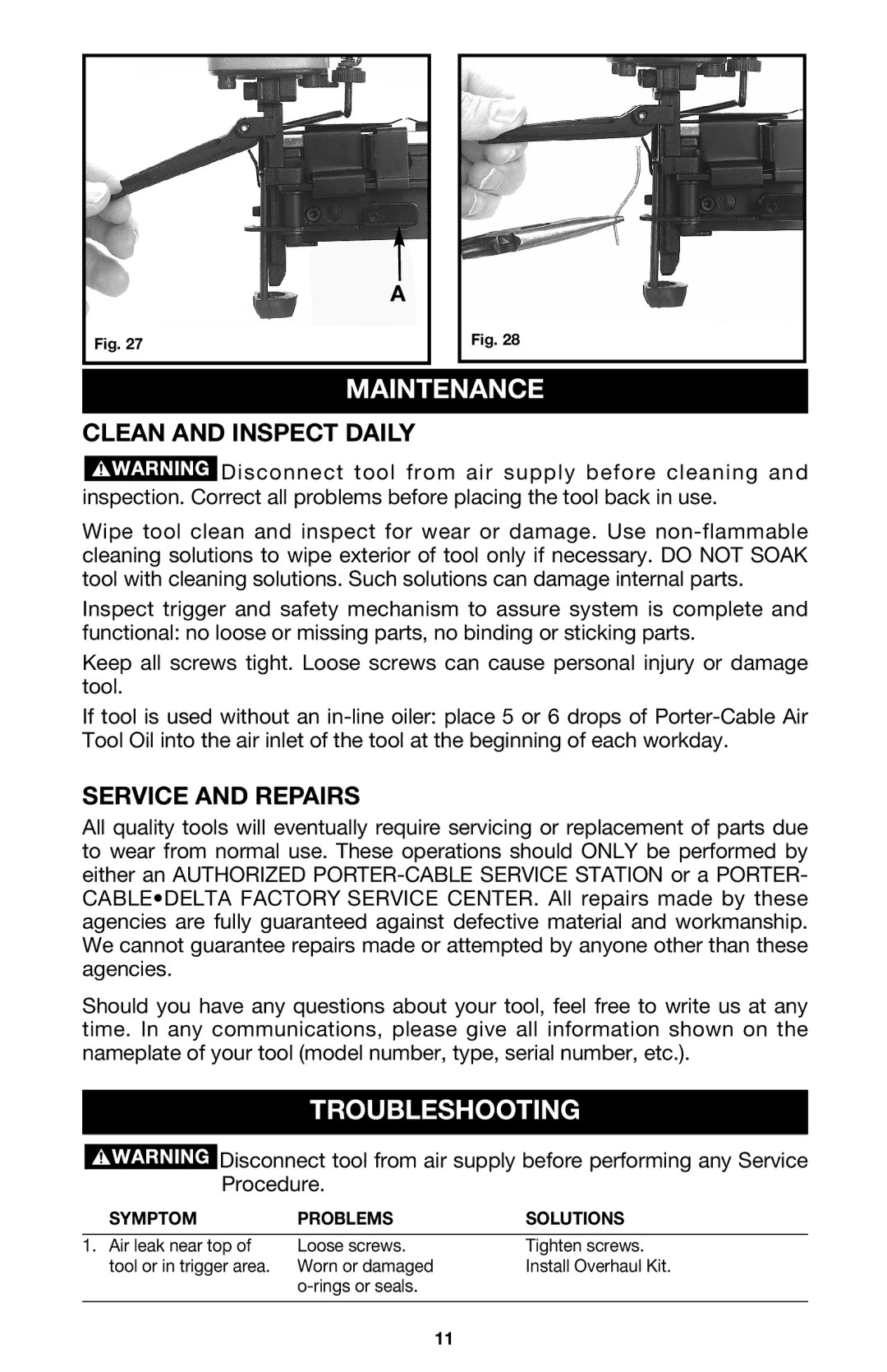 Porter-Cable FN250A instruction manual Maintenance, Troubleshooting, Clean and Inspect Daily, Service and Repairs 