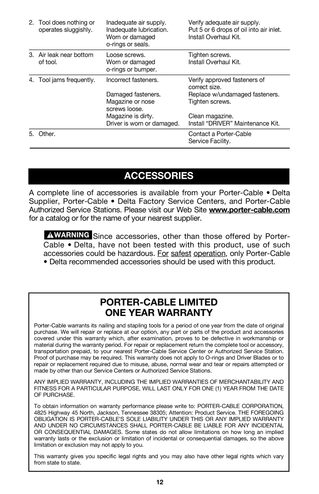 Porter-Cable FN250A instruction manual Accessories, PORTER-CABLE Limited ONE Year Warranty 