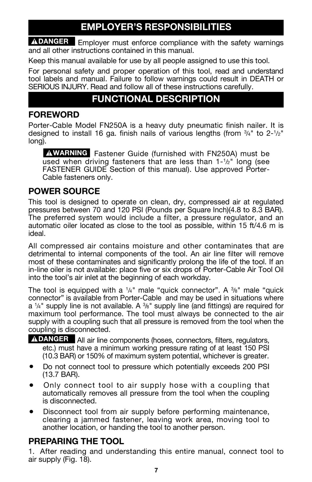 Porter-Cable FN250A EMPLOYER’S Responsibilities, Functional Description, Foreword, Power Source, Preparing the Tool 