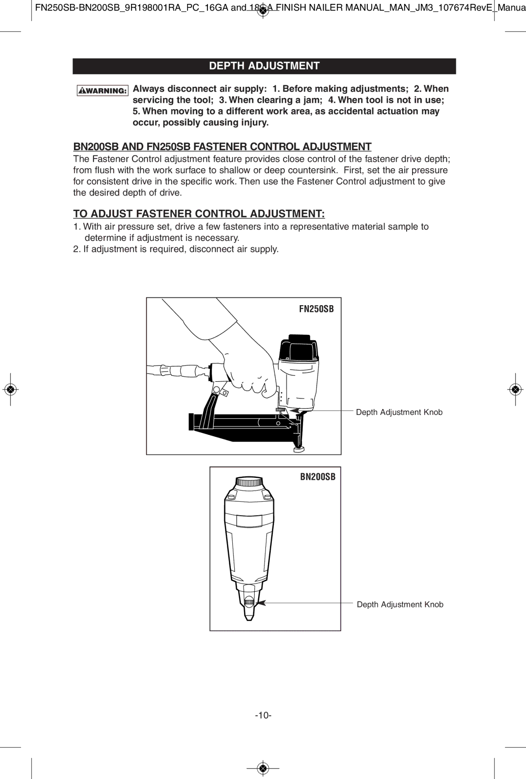 Porter-Cable instruction manual Depth Adjustmentdepth Adjustment, BN200SB and FN250SB Fastener Control Adjustment 