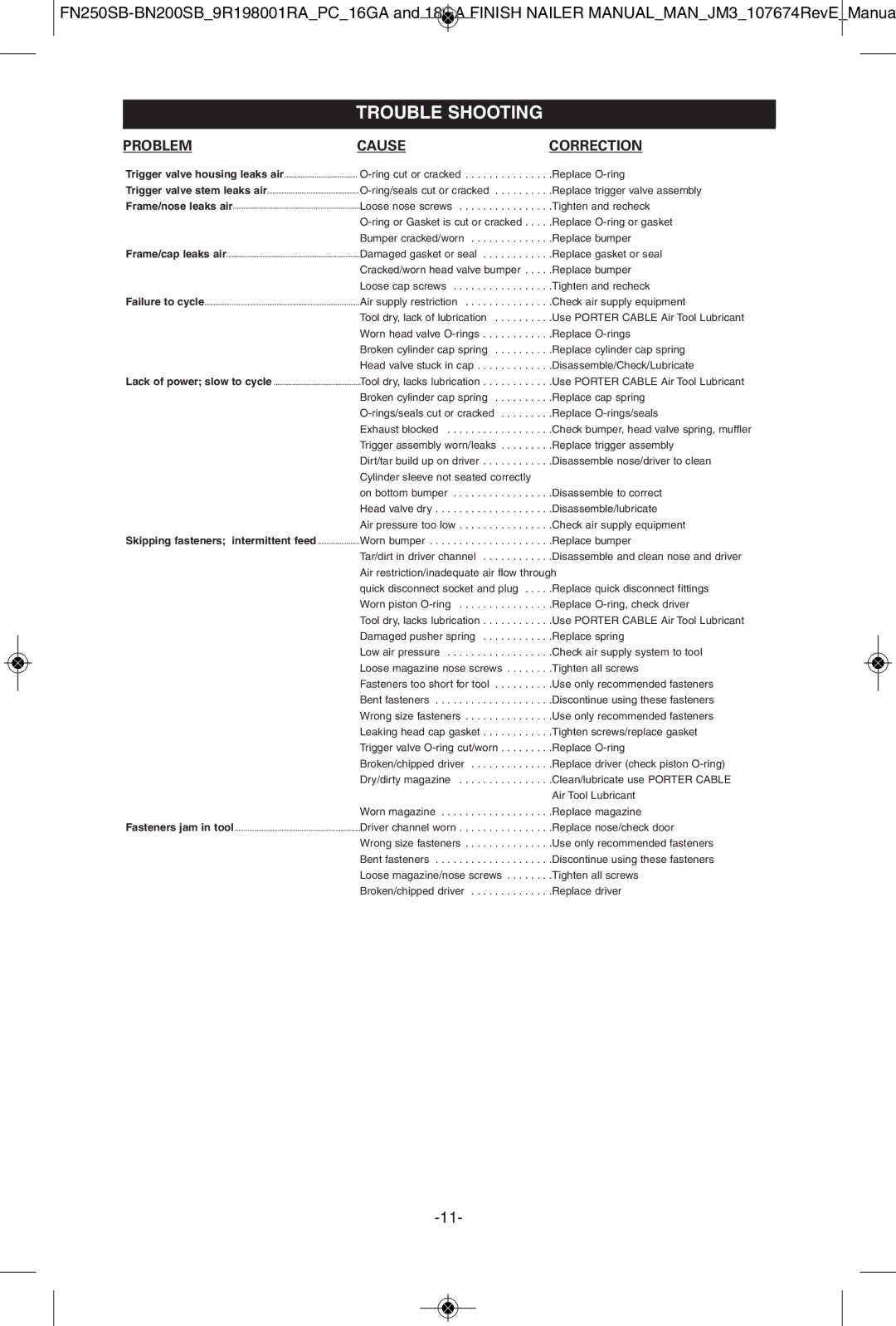 Porter-Cable BN200SB, FN250SB instruction manual Trouble Shootingtrouble Shooting, Problem Cause Correction 