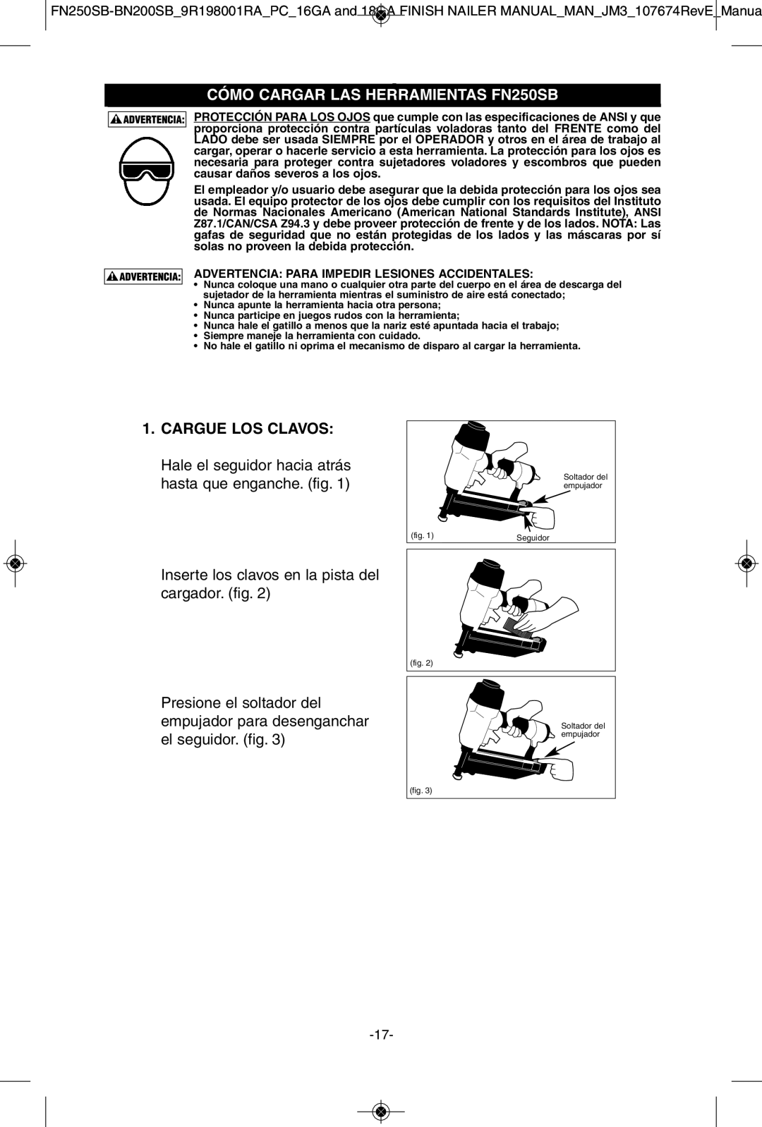 Porter-Cable BN200SB instruction manual Cargue LOS Clavos, Cómo Cargar LAS Herramientascómo CARGARFN250SBEL FN250SB 
