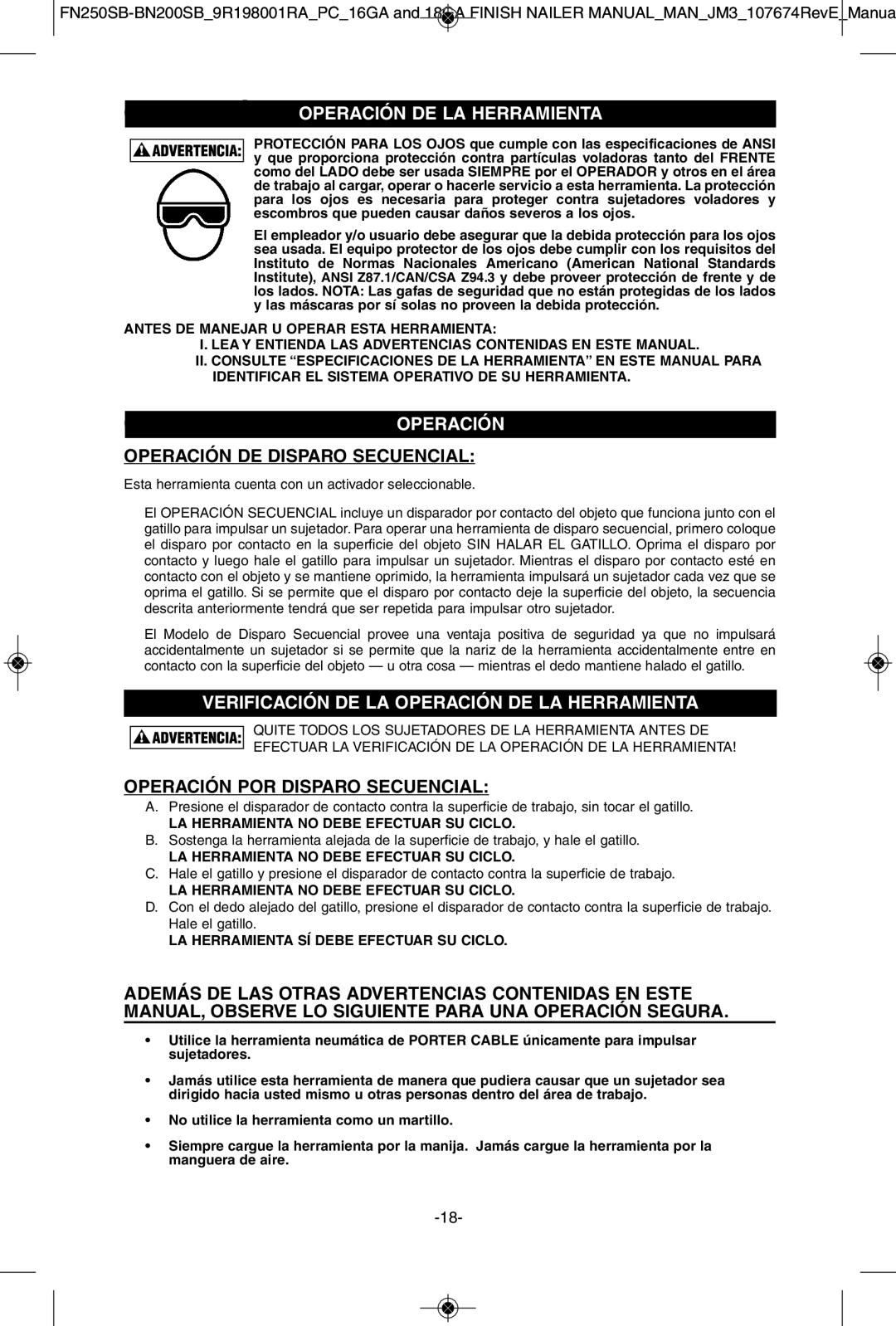 Porter-Cable FN250SB, BN200SB instruction manual Operación Deoperaciónla Herramientade LA Herramienta, Operacin Operación 