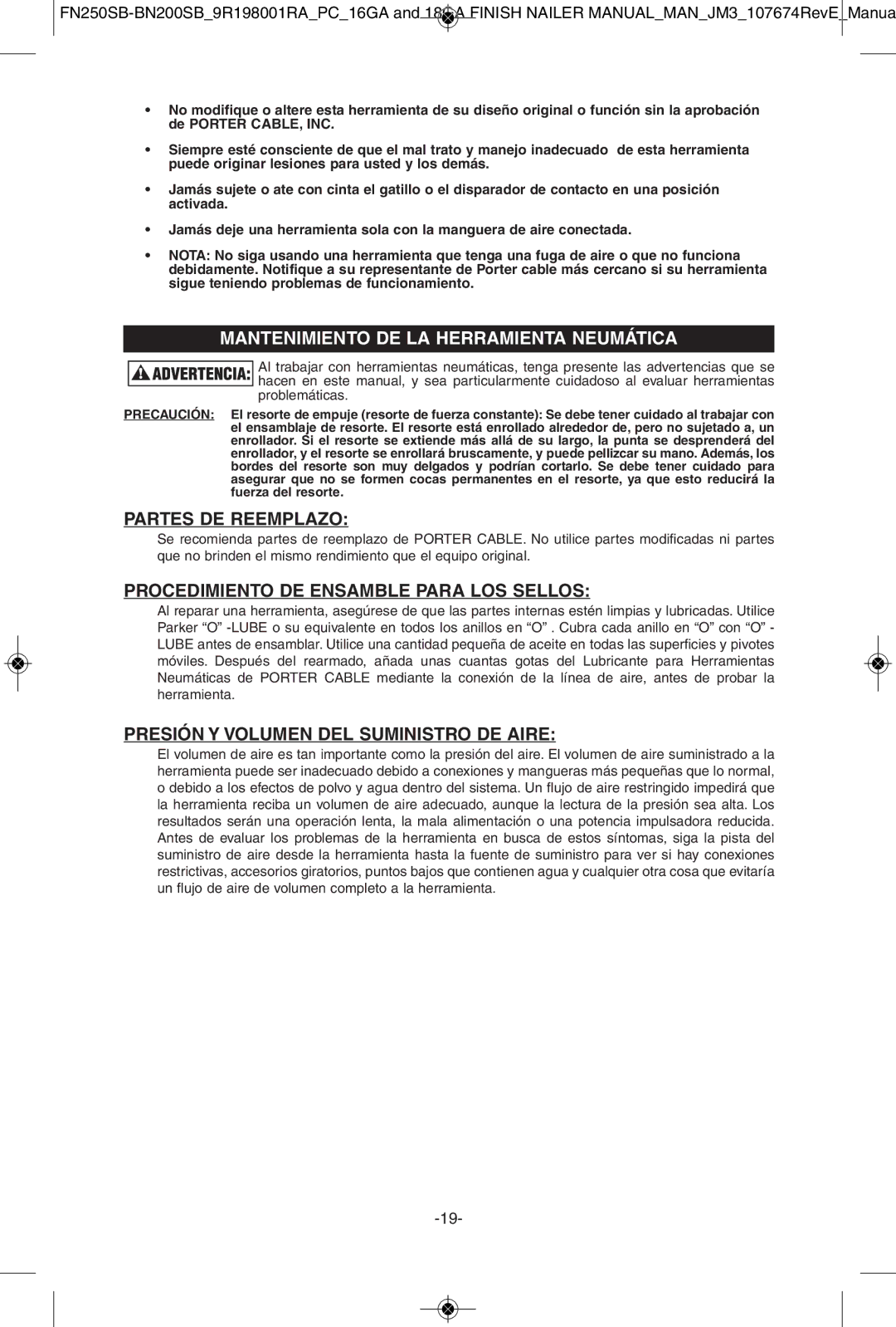 Porter-Cable BN200SB, FN250SB instruction manual Mantenimiento DE LA Herramienta Neumática, Partes DE Reemplazo 