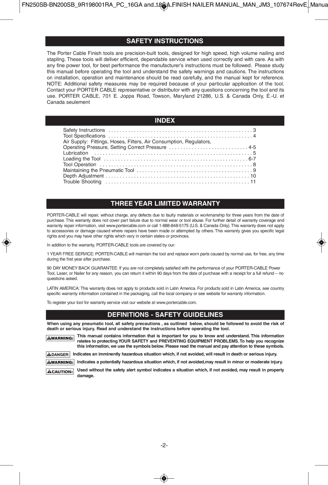 Porter-Cable FN250SB, BN200SB instruction manual Indexindex, Introduction Safety Instructions, Definitions Safety Guidelines 