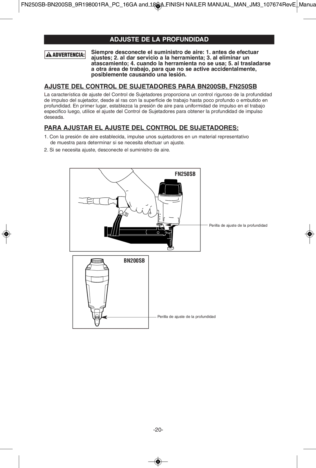 Porter-Cable instruction manual Adjuste DE LA Profundidad, Ajuste DEL Control DE Sujetadores Para BN200SB, FN250SB 
