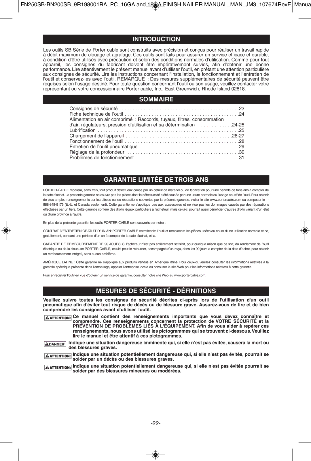 Porter-Cable FN250SB, BN200SB Introduction Introduction, Sommairesommaire, Mesures DE Sécurité Définitions 