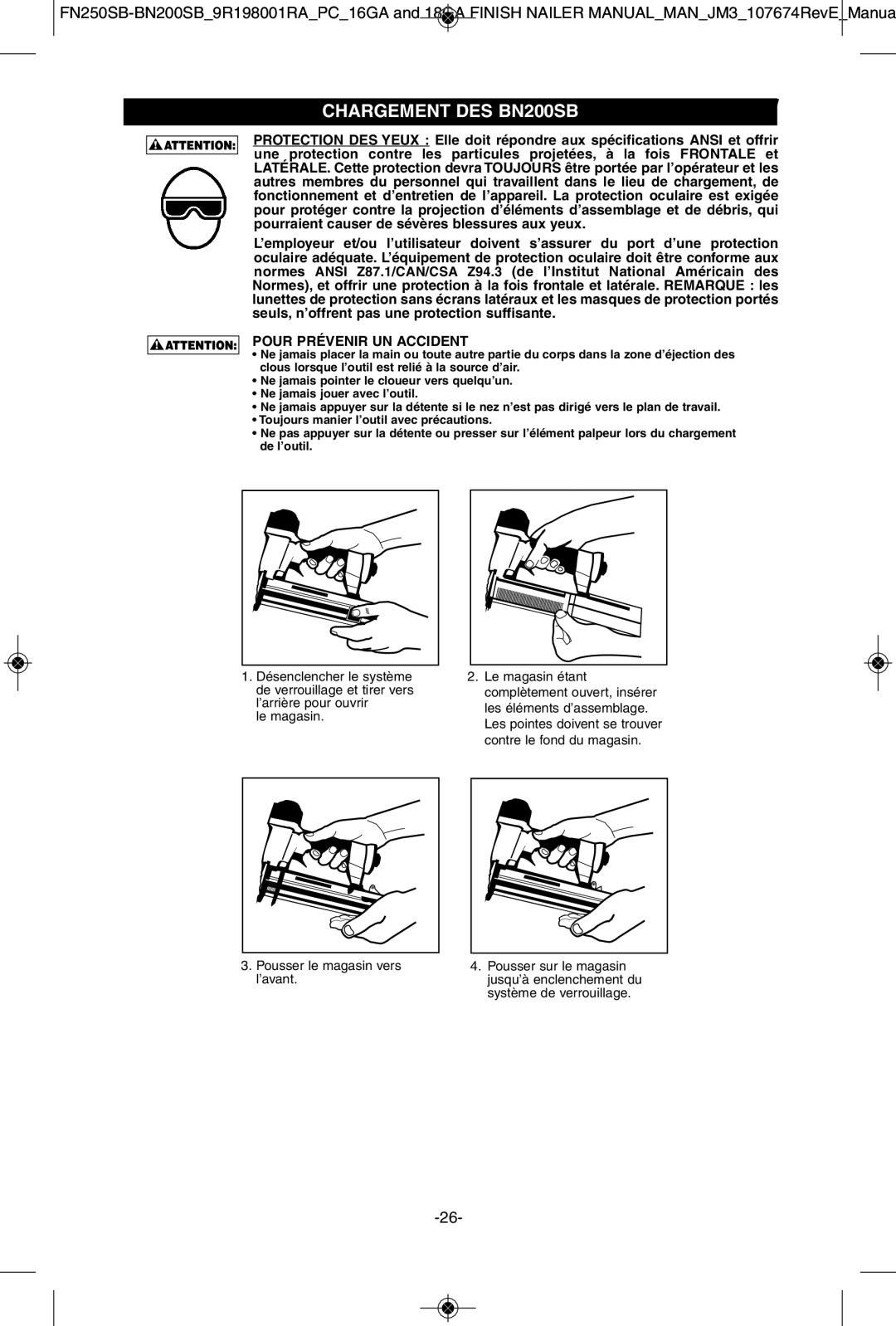 Porter-Cable FN250SB instruction manual Chargementchargementdesdes BN200SBSB-1842BN/SB-1850BN 