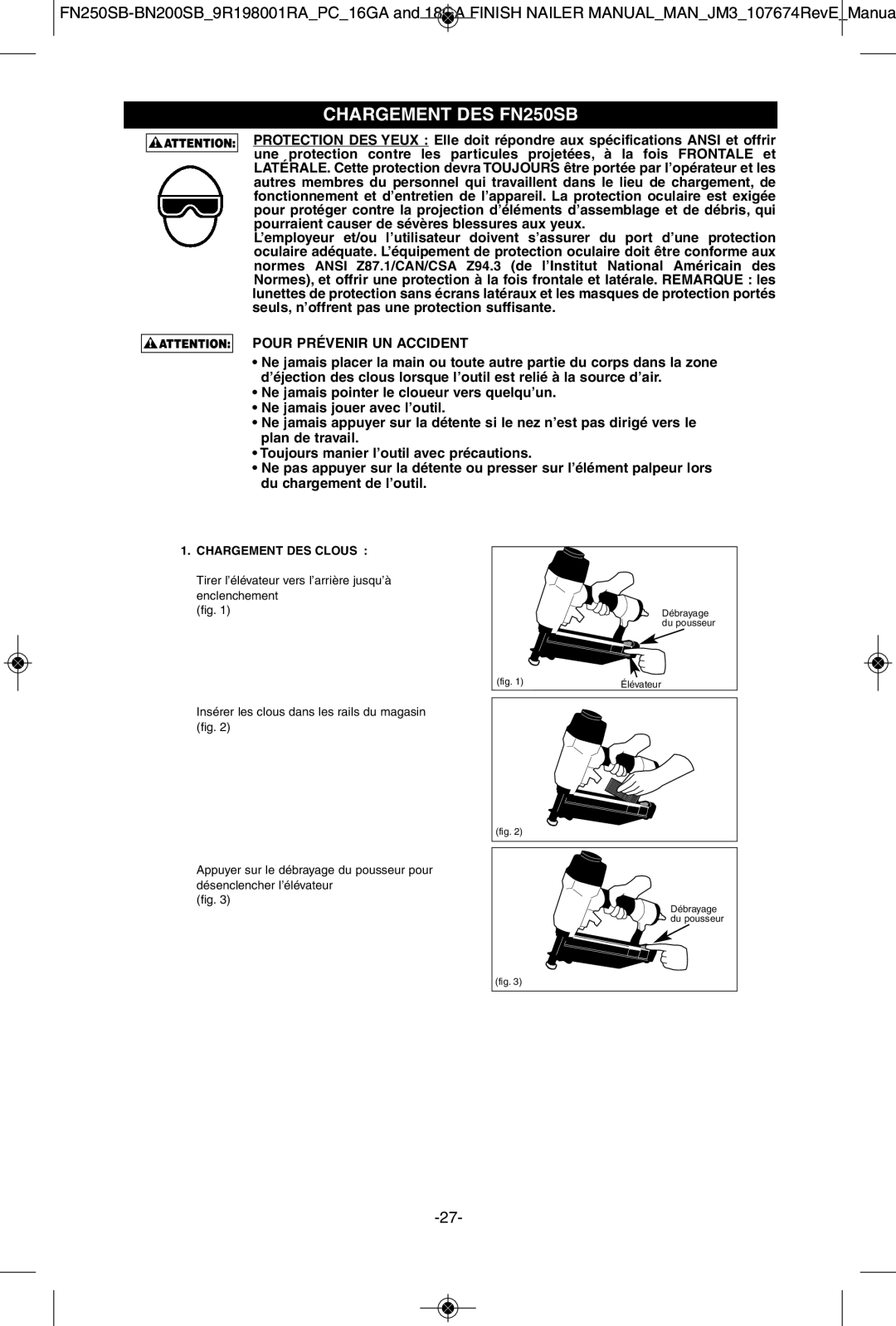 Porter-Cable BN200SB instruction manual Chargementchargementdes FN250SB DU FN250SB, Chargement DES Clous 