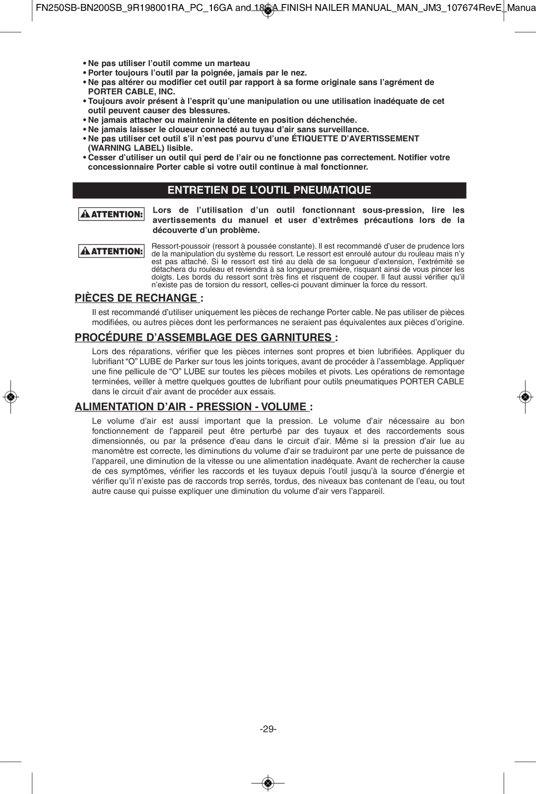 Porter-Cable BN200SB, FN250SB instruction manual Entretien DEENTRETIENL’APPAREILDE L’OUTIL Pneumatique, Pièces DE Rechange 