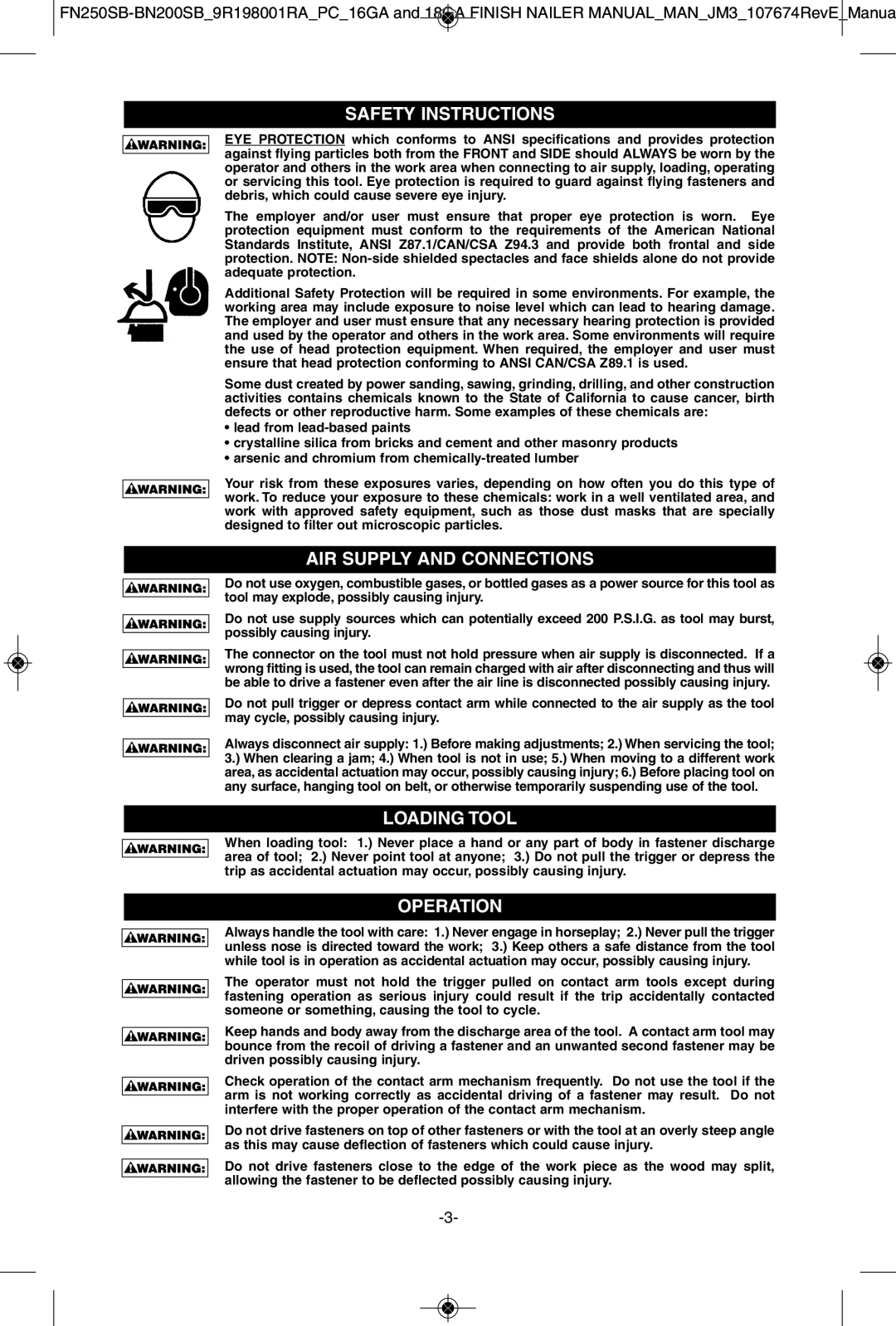 Porter-Cable BN200SB, FN250SB instruction manual AIR Supply and Connections, Loading Tool 