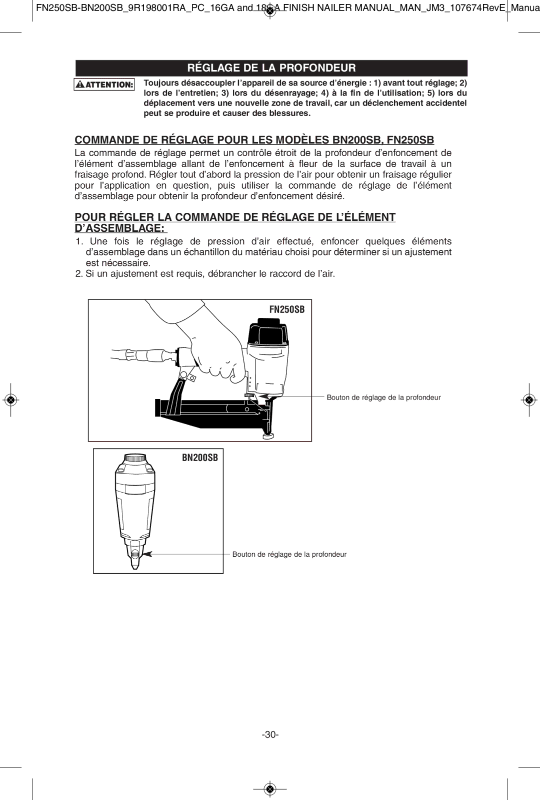 Porter-Cable instruction manual Réglage DE LA Profondeur, Commande DE Réglage Pour LES Modèles BN200SB, FN250SB 