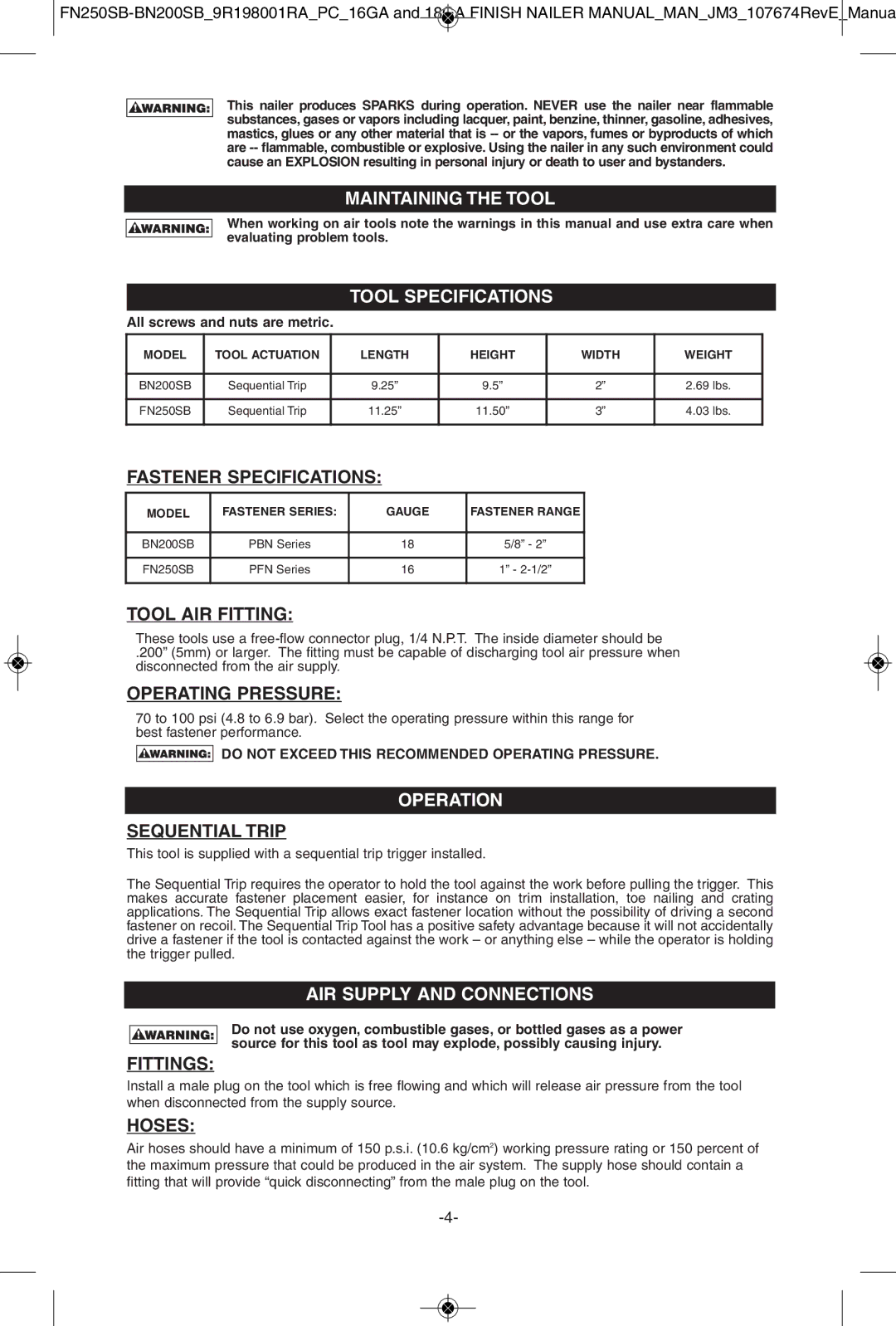 Porter-Cable FN250SB, BN200SB instruction manual Tool Specifications 