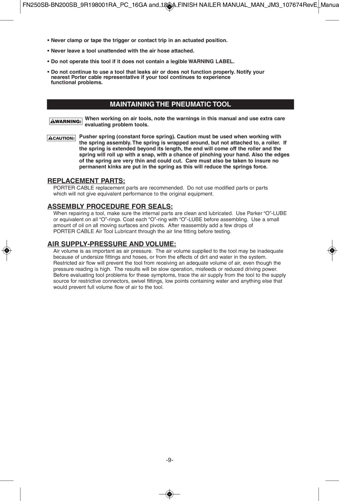 Porter-Cable BN200SB, FN250SB Replacement Parts, Assembly Procedure for Seals, AIR SUPPLY-PRESSURE and Volume 