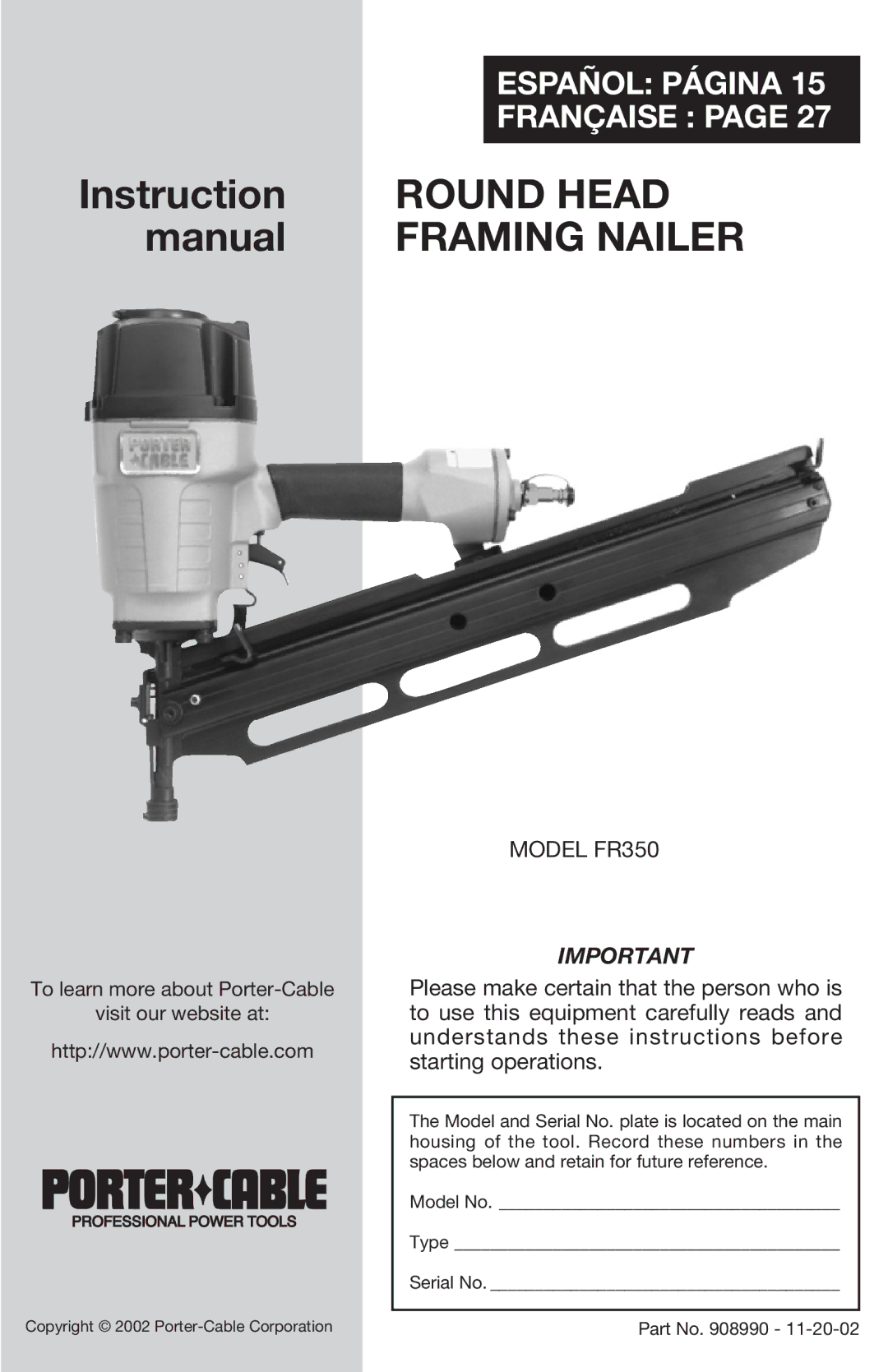 Porter-Cable FR350 instruction manual Round Head 