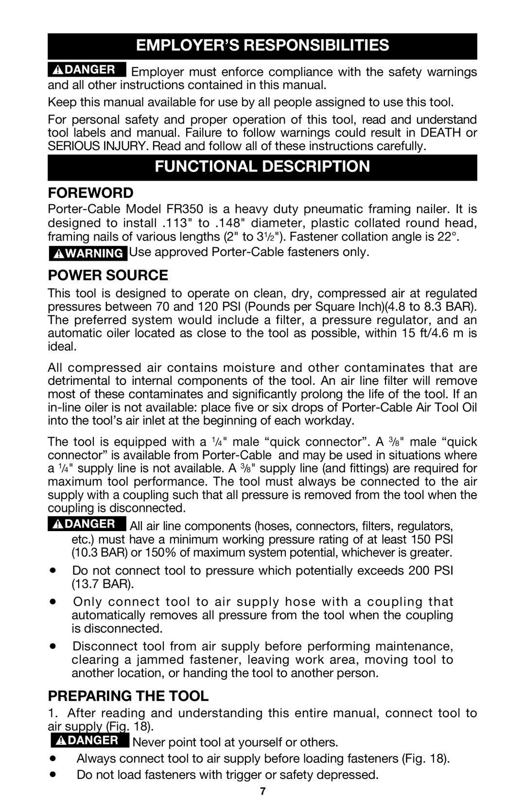 Porter-Cable FR350 EMPLOYER’S Responsibilities, Functional Description, Foreword, Power Source, Preparing the Tool 