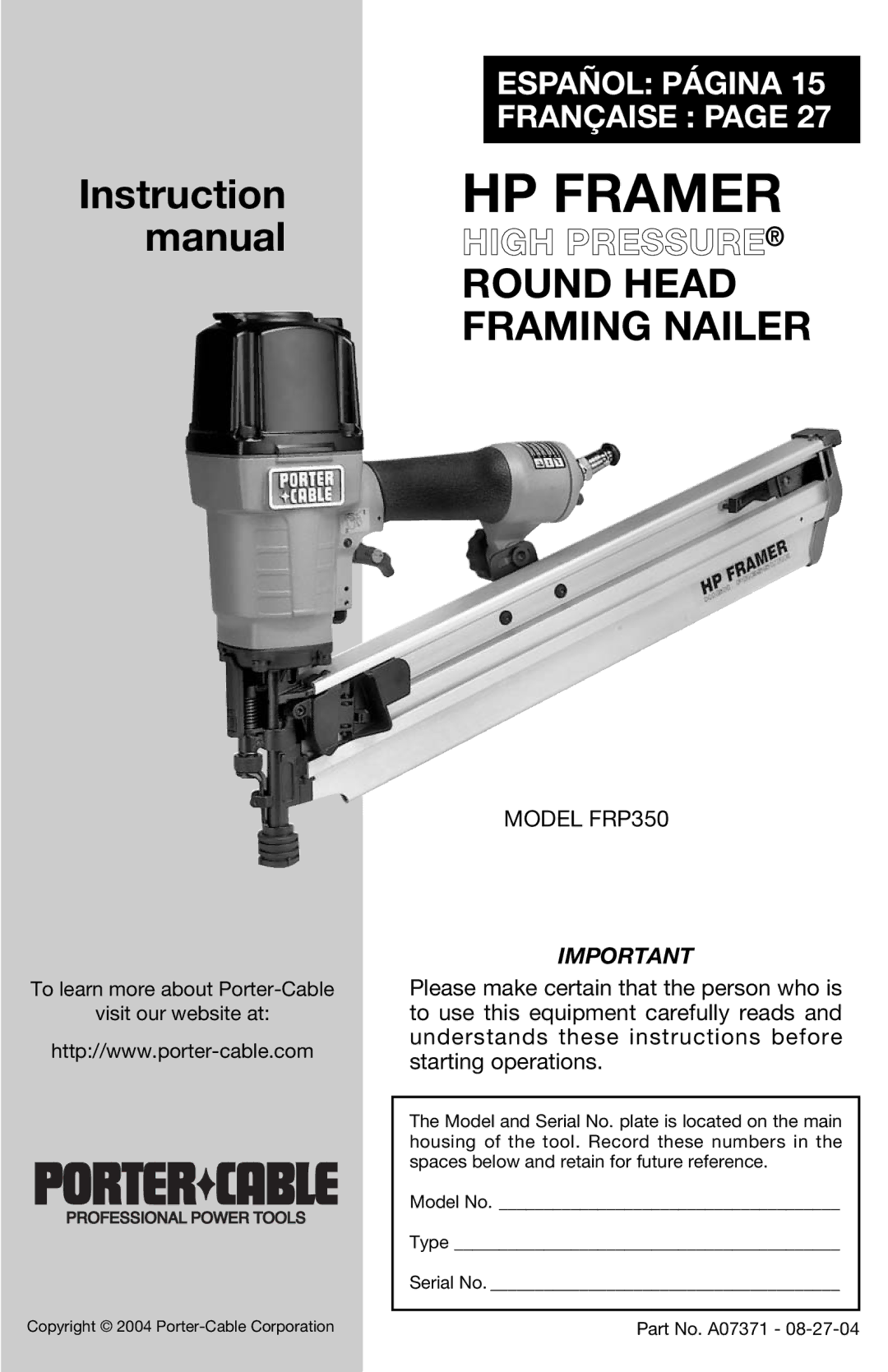 Porter-Cable FRP350 instruction manual HP Framer 