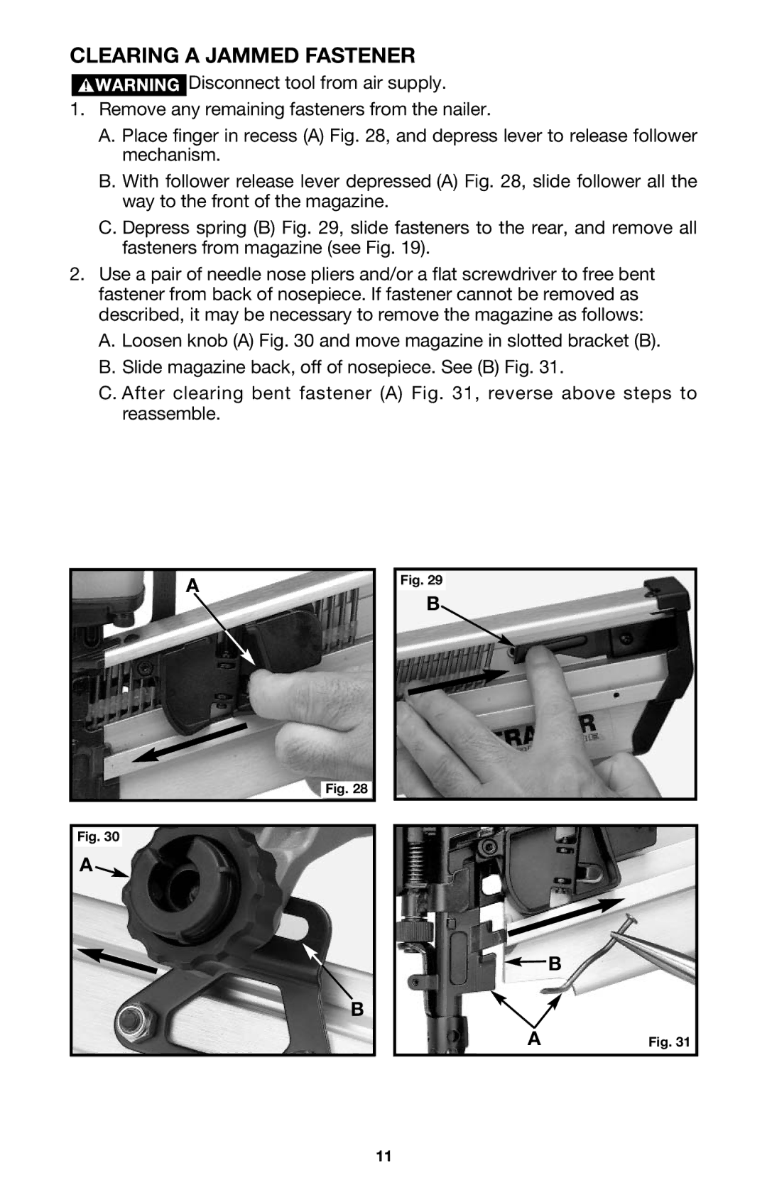 Porter-Cable FRP350 instruction manual Clearing a Jammed Fastener 