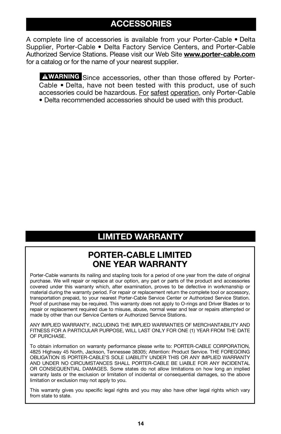 Porter-Cable FRP350 instruction manual Accessories, Limited Warranty 