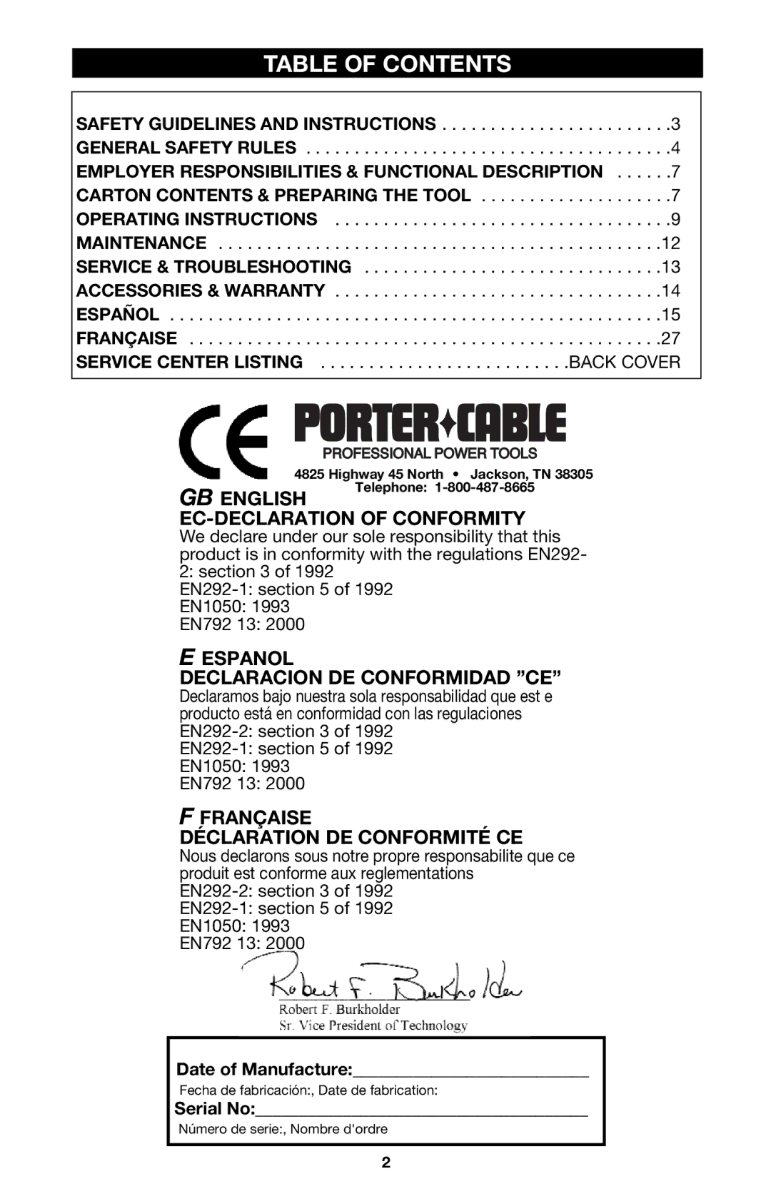 Porter-Cable FRP350 instruction manual Table of Contents 