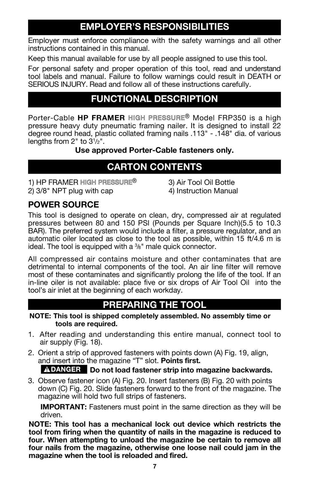 Porter-Cable FRP350 EMPLOYER’S Responsibilities, Functional Description, Carton Contents, Preparing the Tool 