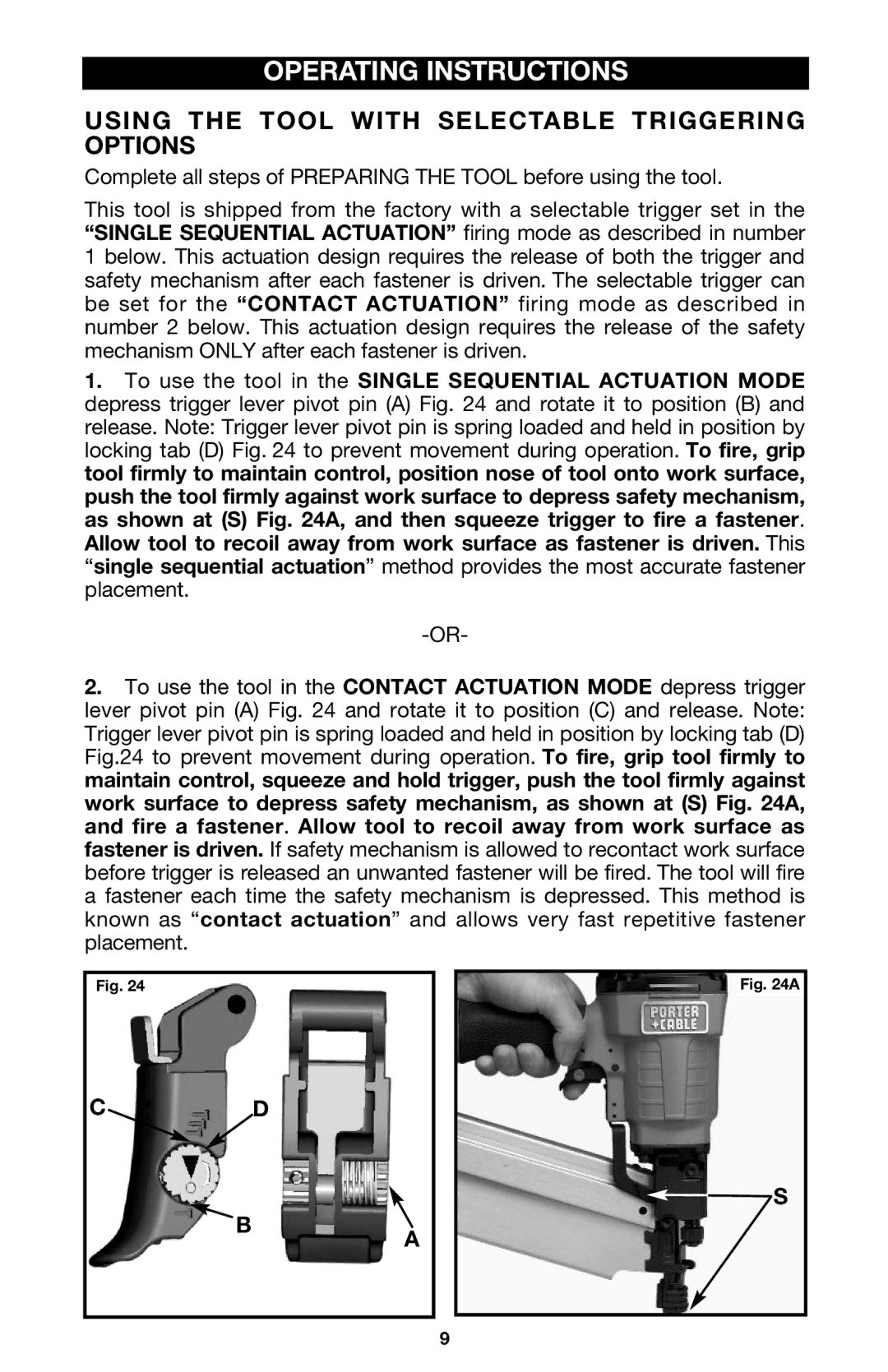 Porter-Cable FRP350 instruction manual Operating Instructions, Using the Tool with Selectable Triggering Options 