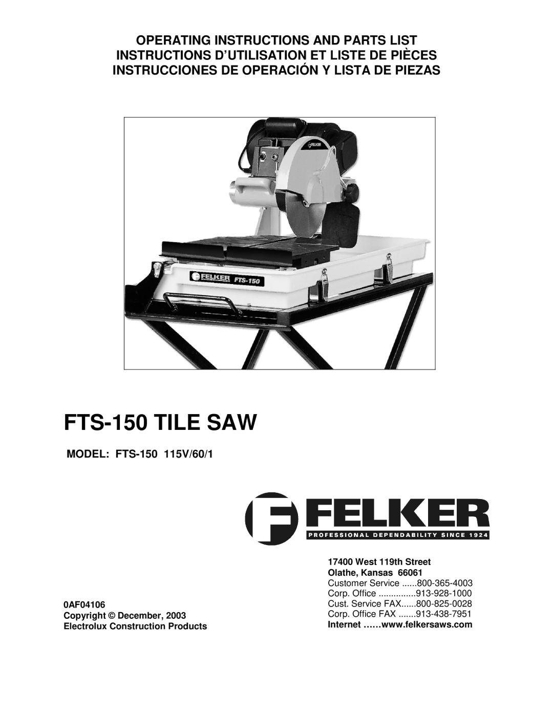 Porter-Cable operating instructions Operating Instructions and Parts List, Model FTS-150 115V/60/1 